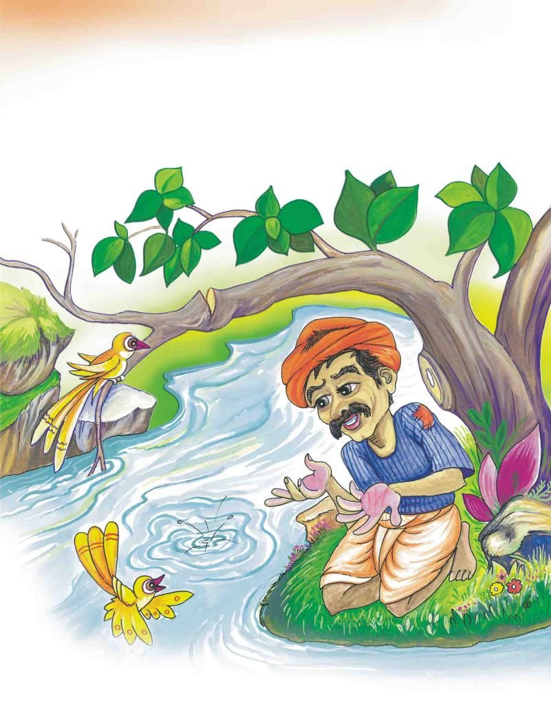 An indian wood cutter cutting tree using an axe in a forest near a river.  long shot showing back side perspective of wood cutter. illustration for  kids moral story book on Craiyon